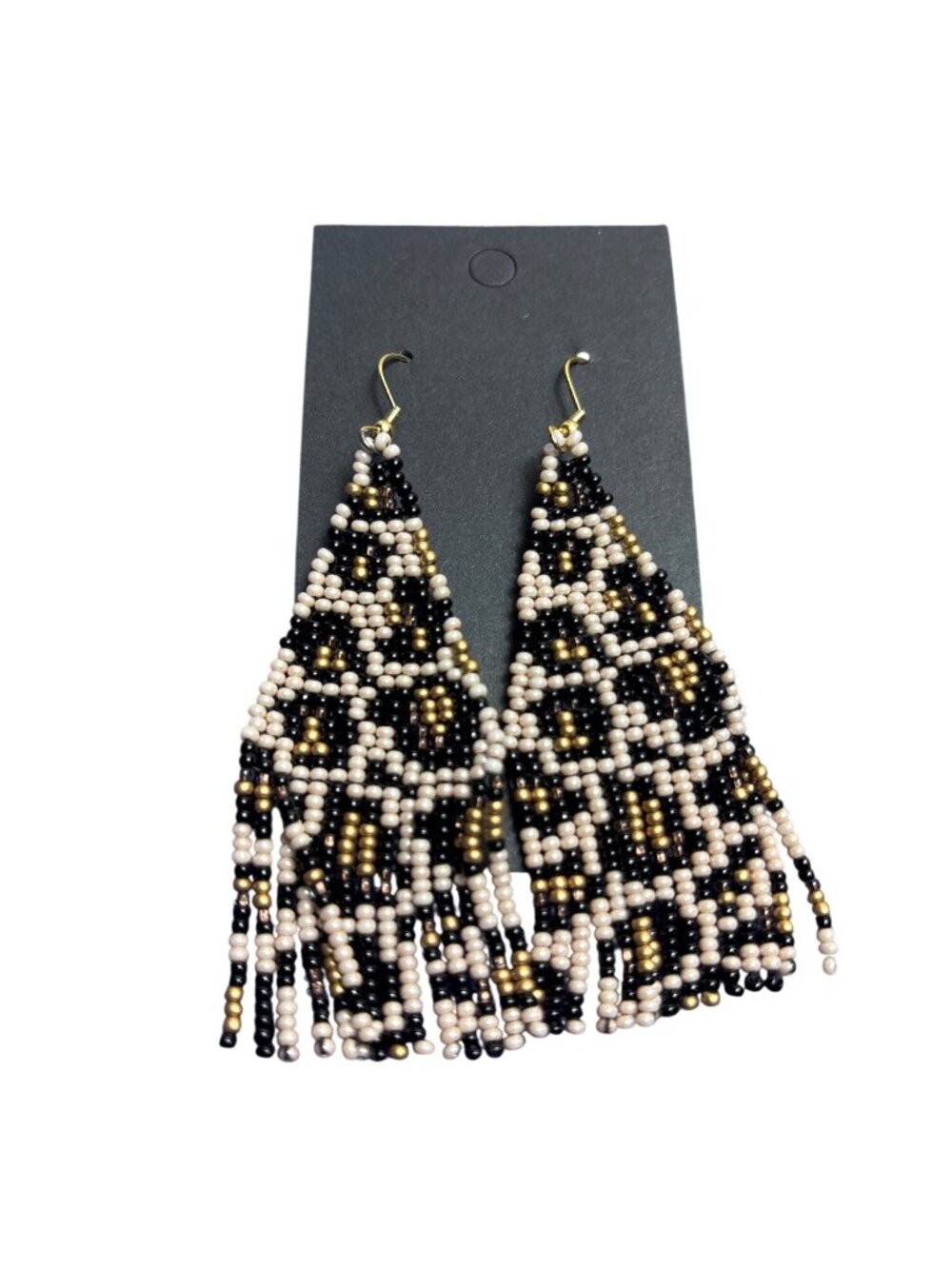 Leopard Print Seed Bead Fringe Dangle Earrings 2.75 inches - Picture 1 of 3